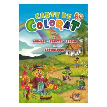 Carte de colorat jumbo 5 cu animale, fructe, legume si abtibilduri