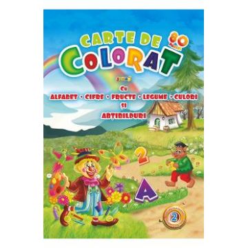 Carte de colorat Jumbo cu alfabet, cifre, fructe, legume, culori si abtibilduri