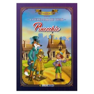 Pinocchio. Carte de colorat cu povesti scrisa cu litere mari de tipar